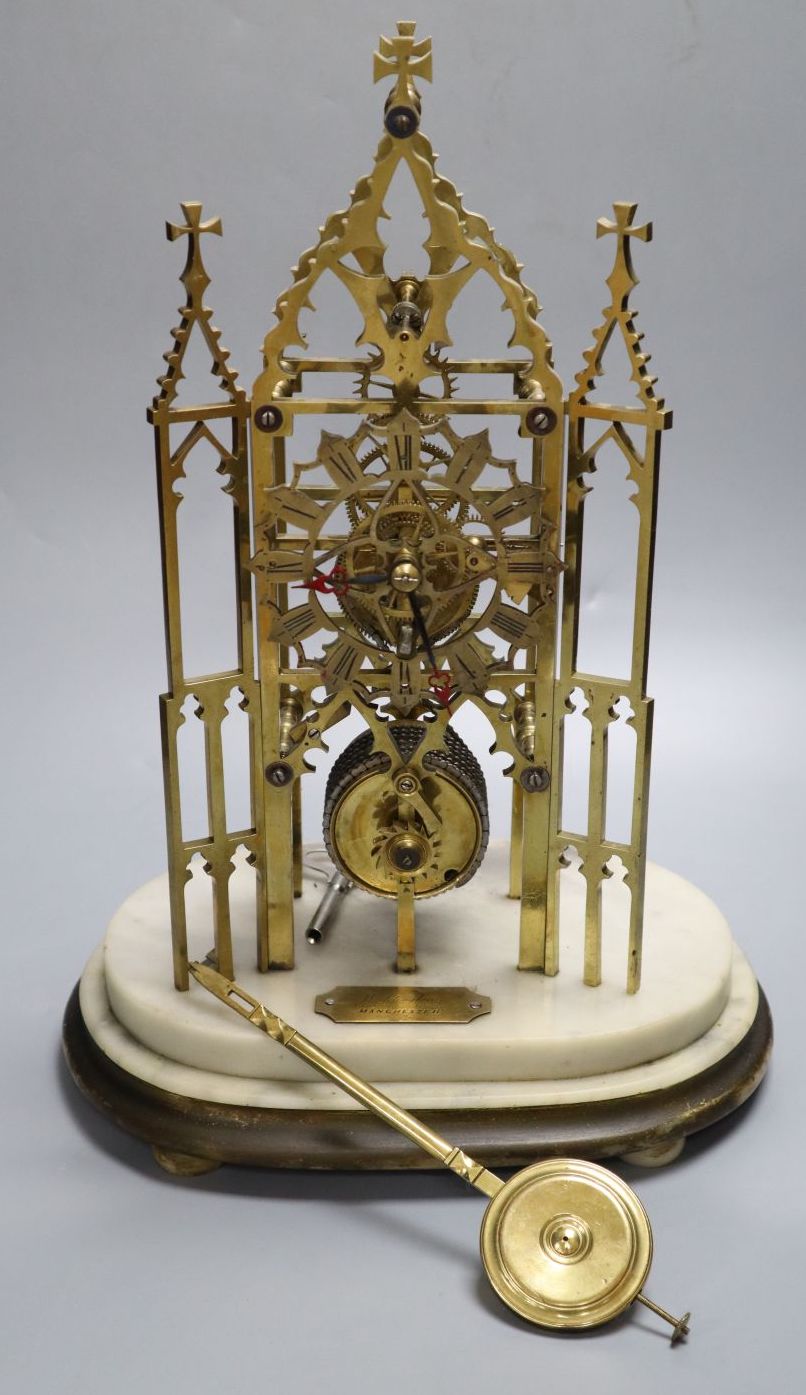 A Victorian single fusee skeleton clock, featuring four-wheel in-line train, makers label Boddington, Manchester, 40cm high
